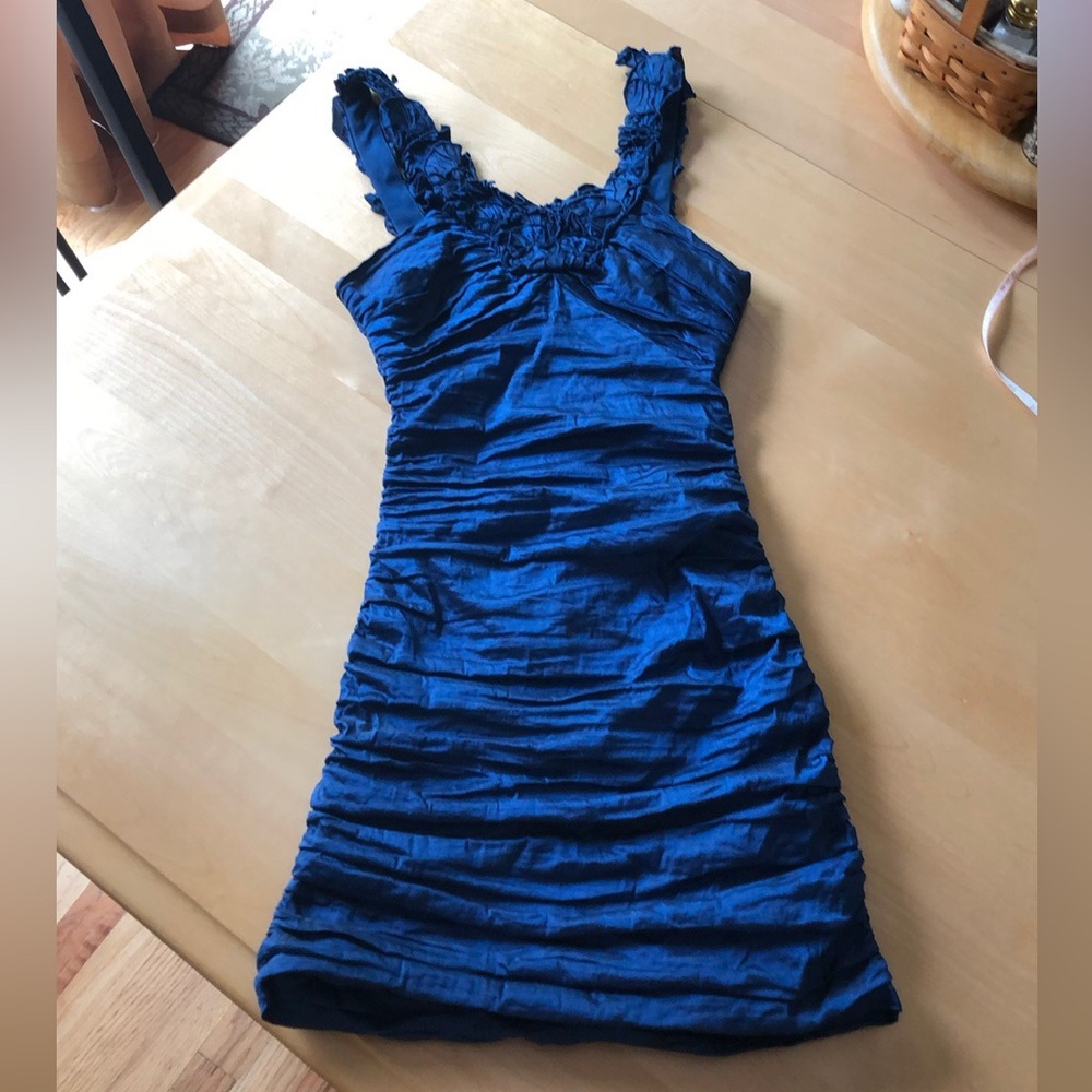 Blue ruched cocktail dress